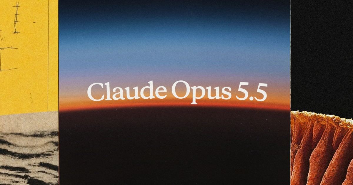 Anthropic이 Claude Opus 5.5 출시 발표에 쓴 대표 이미지. 노을 진 지평선 위에 Claude Opus 5.5라는 글자가 있고 양옆에 종이 콜라주가 배치돼 있다