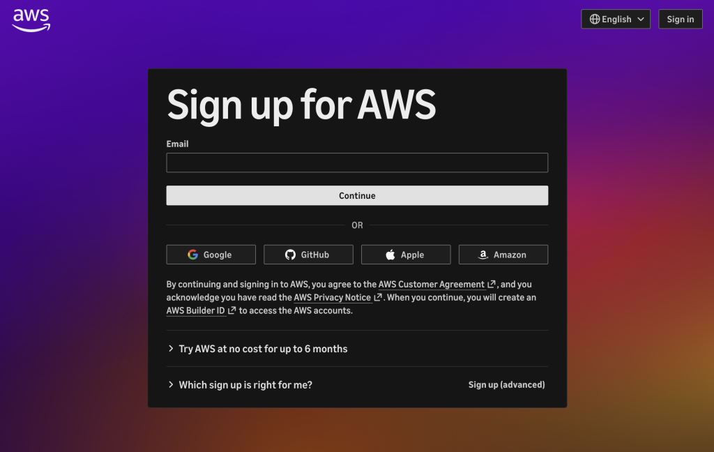 2026년 9월에 바뀐 AWS 가입 화면. 이메일을 넣거나 구글, 깃허브, 애플, 아마존 계정으로 바로 가입할 수 있고, 아래에 최대 6개월 무료로 AWS를 써 보라는 안내와 고급 가입 링크가 있다
