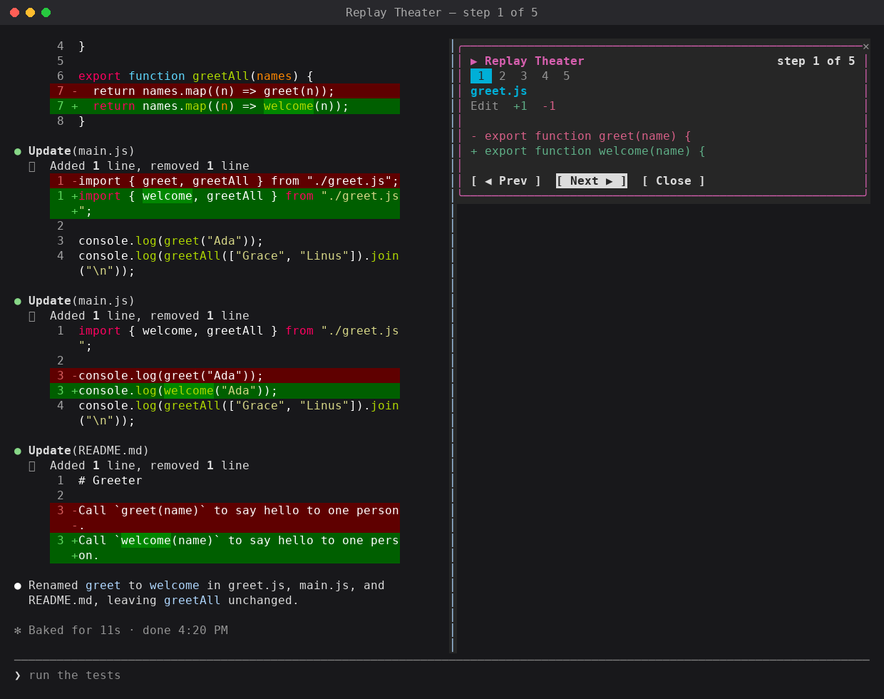 왼쪽 트랜스크립트에 greet.js, main.js, README.md 수정 diff가 있고, 오른쪽 Replay Theater 창에 step 1 of 5, greet.js의 Edit +1 -1 diff와 Prev, Next, Close 버튼이 표시된 화면