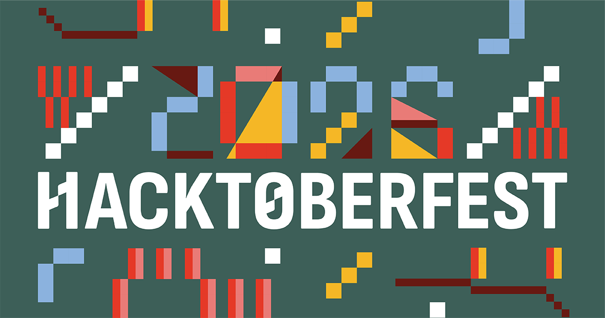 Hacktoberfest 2026 공식 대표 이미지. 짙은 녹색 바탕에 빨강, 노랑, 하늘색 픽셀 블록으로 2026이라는 숫자와 HACKTOBERFEST라는 행사 이름을 그렸다