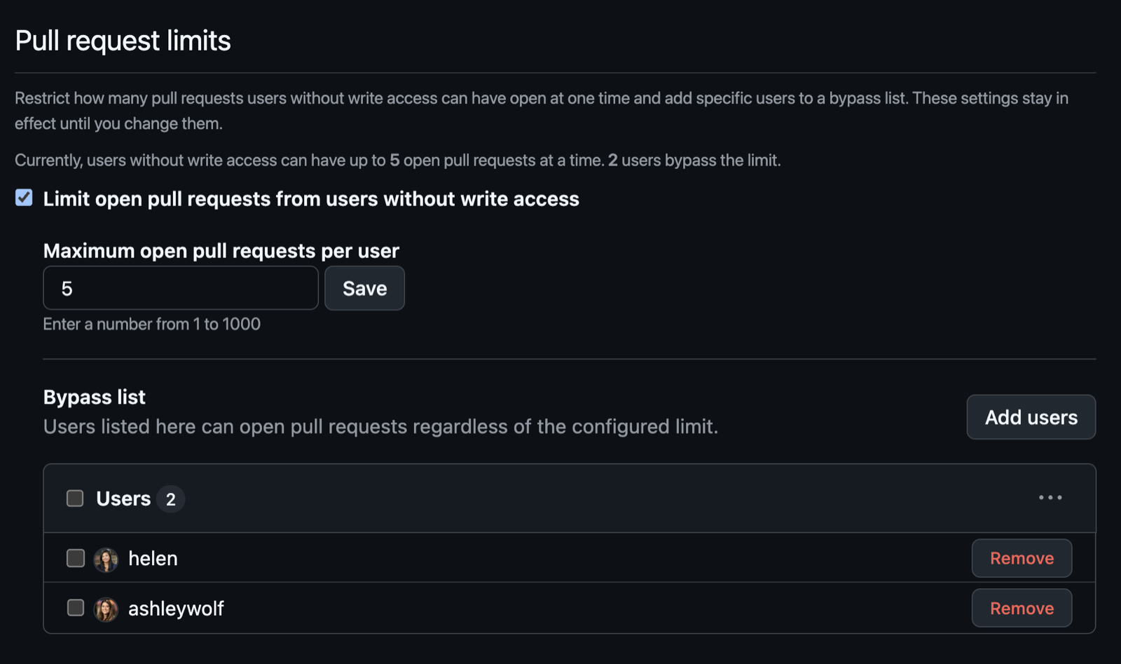GitHub 저장소 설정의 Pull request limits 화면. 쓰기 권한 없는 사용자의 열린 PR 수를 제한하는 체크박스가 켜져 있고 최대값이 5로, 입력 범위는 1에서 1000이라고 적혀 있으며, 아래에 제한을 받지 않는 사용자 두 명이 등록된 우회 목록이 있다