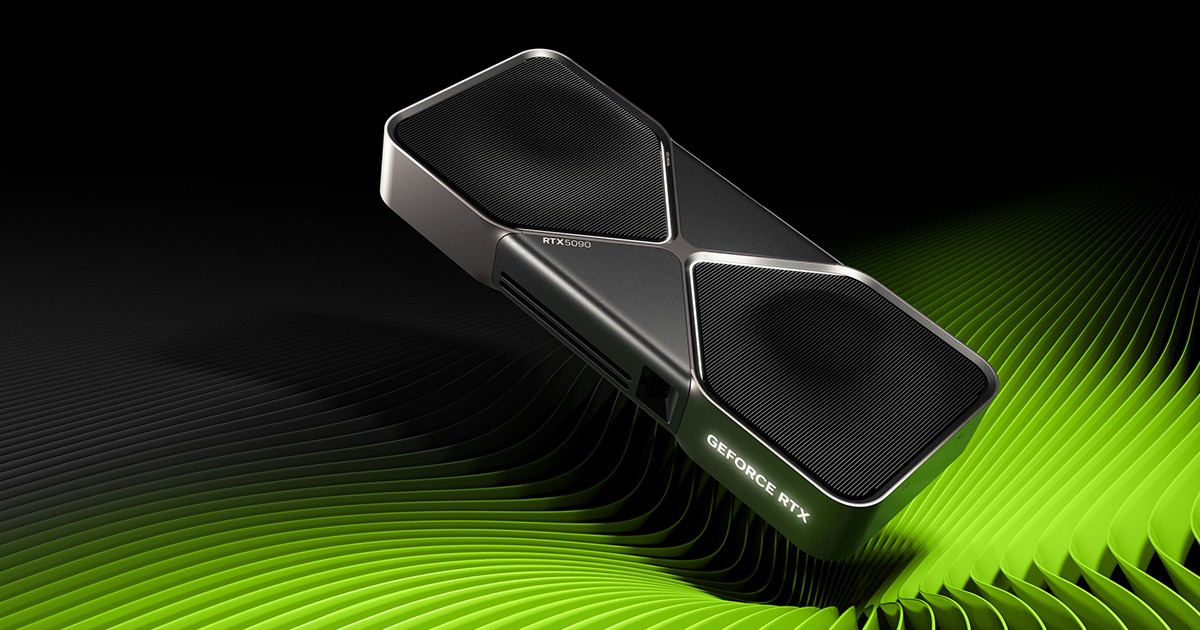 NVIDIA GeForce RTX 5090 Founders Edition 그래픽카드가 검은 배경과 초록색 물결 위에 비스듬히 놓인 공식 제품 이미지. 카드 윗면에 RTX 5090, 옆면에 GEFORCE RTX 글자가 보인다.