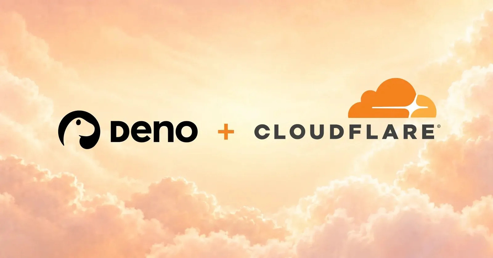 주황빛 구름 배경 위에 검은색 Deno 로고와 주황색 더하기 기호, Cloudflare 로고가 나란히 놓인 Deno 블로그 발표 글의 대표 이미지