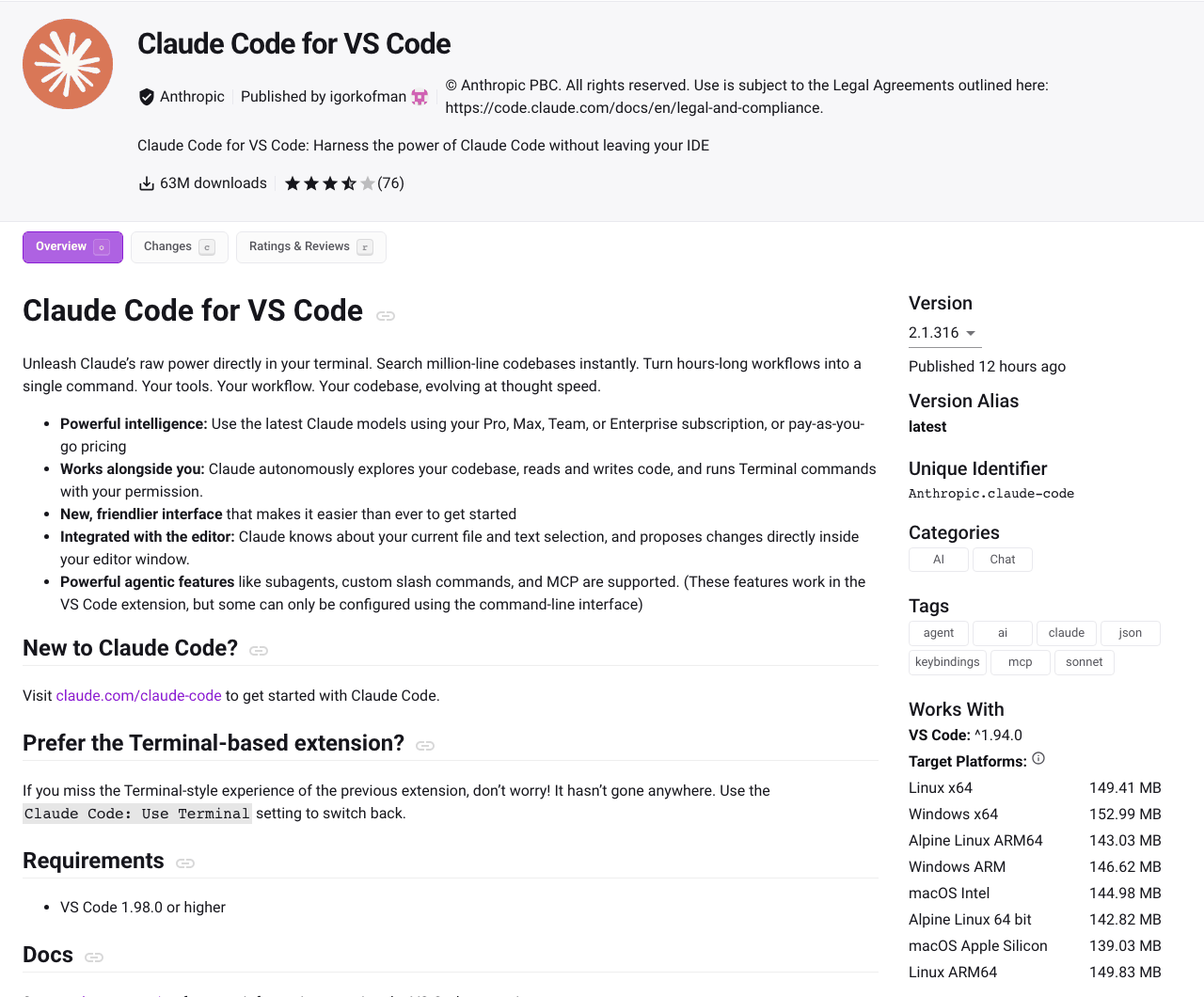 Open VSX 레지스트리의 Claude Code for VS Code 페이지. Anthropic 인증 배지와 Published by igorkofman, 6300만 다운로드, 최신 버전 2.1.316, 지원 플랫폼 목록이 보인다