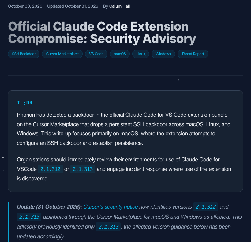 Phorion 보안 권고 첫머리. Official Claude Code Extension Compromise: Security Advisory라는 제목과 SSH Backdoor, Cursor Marketplace, macOS, Linux, Windows 태그, 2.1.312 또는 2.1.313 사용 여부를 즉시 점검하라는 요약, 10월 31일 갱신 안내가 보인다